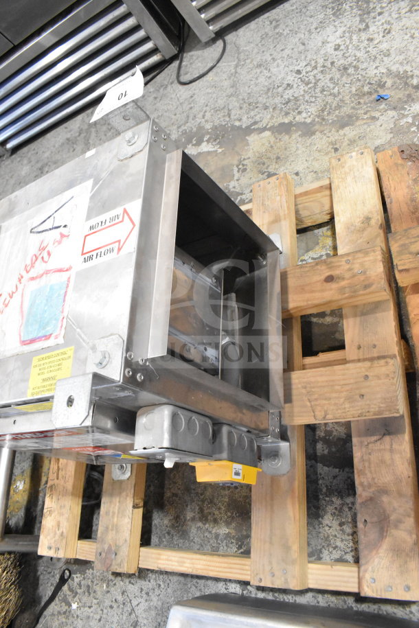 CaptiveAire SIF10DD-SS power ventilator; exhaust air fan, 115V, 1 phase, stainless steel, air flow label visible, on wooden pallet.