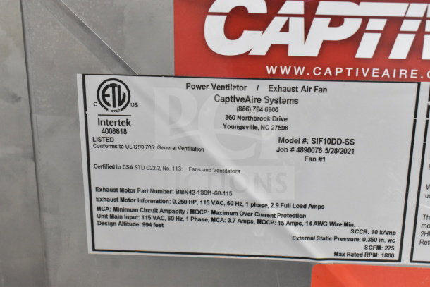 CaptiveAire SIF10DD-SS Power Ventilator; model label; 115V, 1 phase, certified to CSA and UL standards.