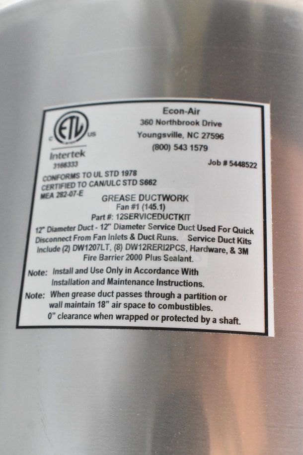 Econ-Air EA-USBI11DD-RM commercial power ventilator, silver finish. ETL certified label with installation instructions.