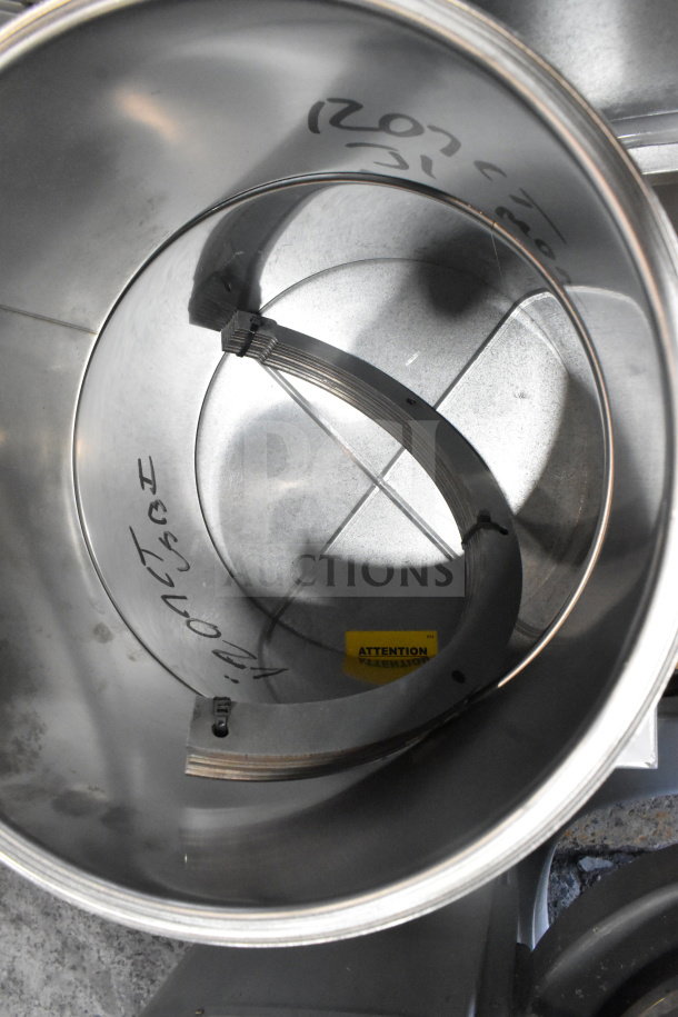 Econ-Air EA-USBI11DD-RM commercial exhaust fan, metal construction, internal markings, attention label visible.
