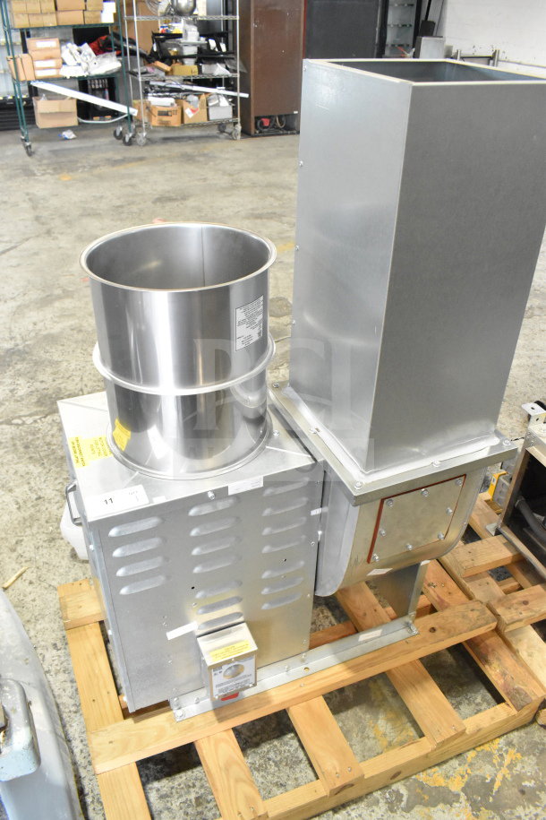 Econ-Air EA-USBI11DD-RM commercial power ventilator, silver metal, new condition, features tags, on wood pallet.