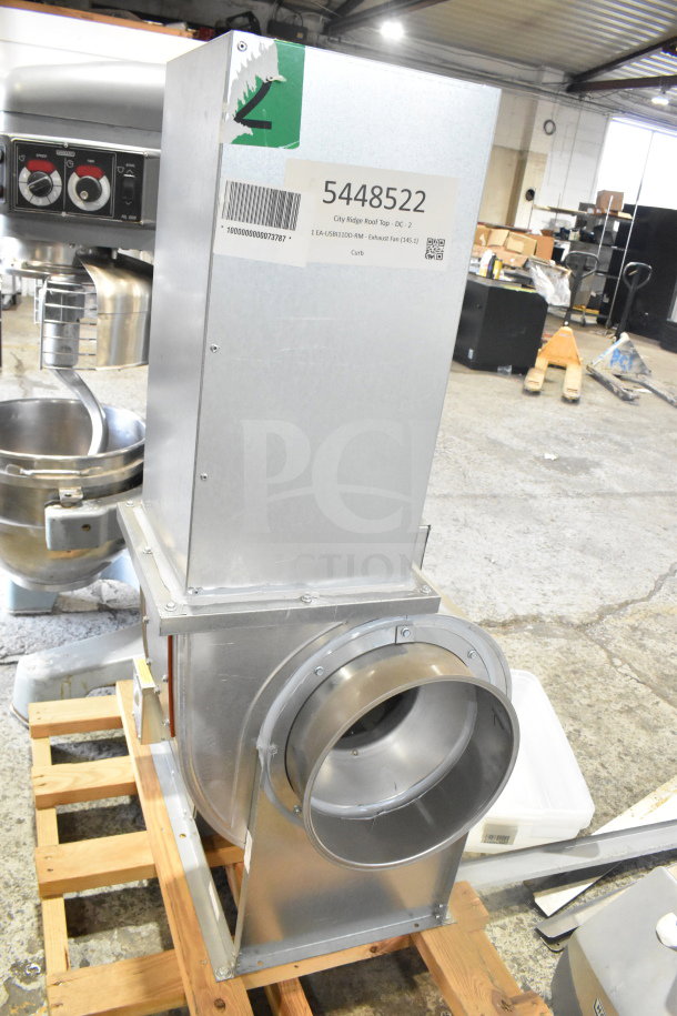 Econ-Air EA-USBI11DD-RM commercial power ventilator, metallic finish, mounted on a wooden pallet, model details on label.