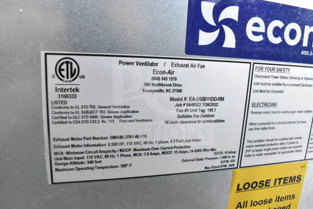 Econ-Air EA-USBI11DD-RM commercial power ventilator label detailing UL certifications, model, and safety instructions.
