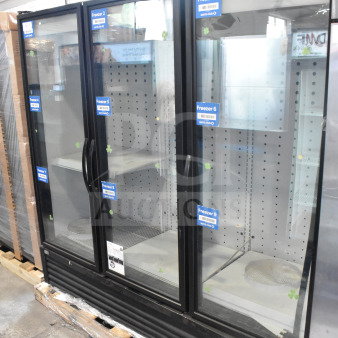 2019 True FLM-81F Commercial 81" glass door freezer merchandiser, excellent condition, visible store labels on doors.