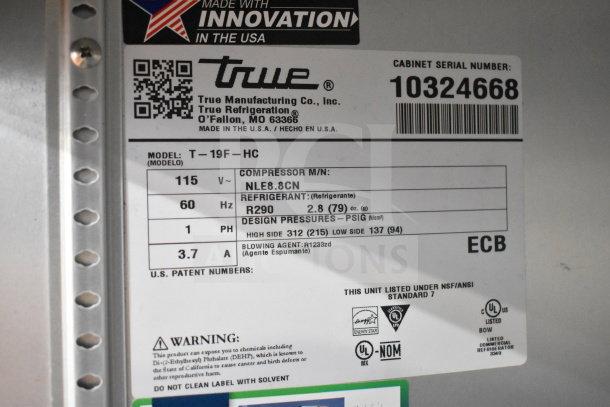 2022 True T-19F-HC Commercial Freezer label, 115V, 1 Ph, R290 refrigerant, NLE8.8CN compressor, Energy Star certified.