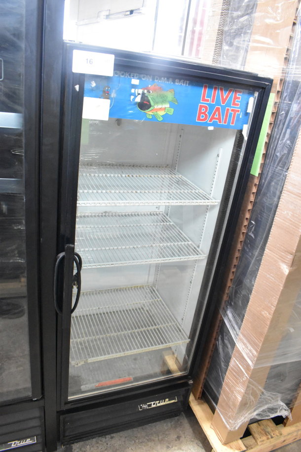 True GDM-12 reach-in cooler merchandiser, single glass door, 115 volts, 1 phase, labeled "Live Bait," shelves inside.