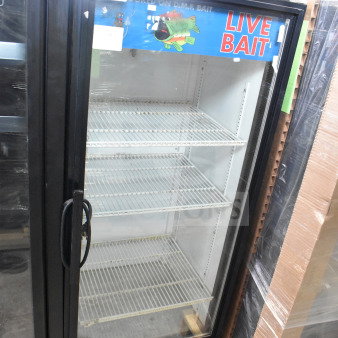 True GDM-12 reach-in cooler merchandiser, single glass door, 115 volts, 1 phase, labeled "Live Bait," shelves inside.