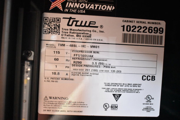 2021 True TVM-48SL-HC cooler label shows specs: 115V, 1 phase, R290 refrigerant, model TVM-48SL-HC, serial 10222699.
