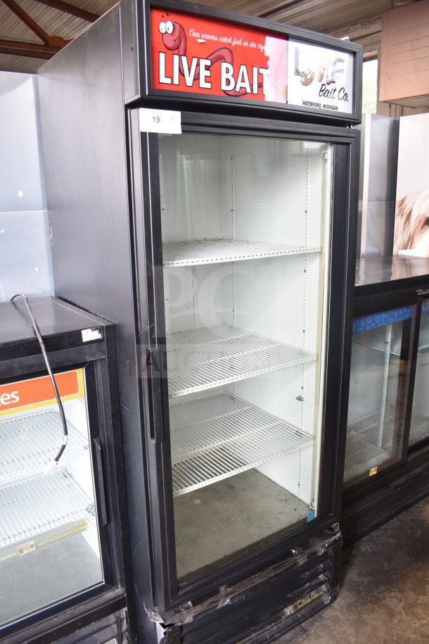 True GDM-26 commercial single-door cooler merchandiser, 115 volts, for sale. Features "Live Bait" signage. Good condition.