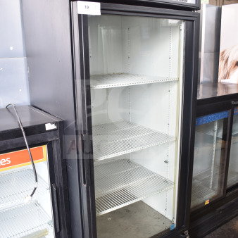True GDM-26 commercial single-door cooler merchandiser, 115 volts, for sale. Features "Live Bait" signage. Good condition.