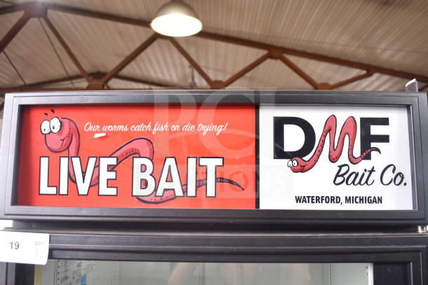 True GDM-26 Commercial Cooler, single door, 115V, 1 phase. Features "Live Bait" signage, ideal for retail display.