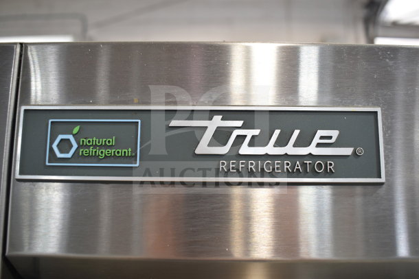 2021 True T-35-HC Commercial Cooler, stainless steel, dual doors, natural refrigerant label, model tag visible.