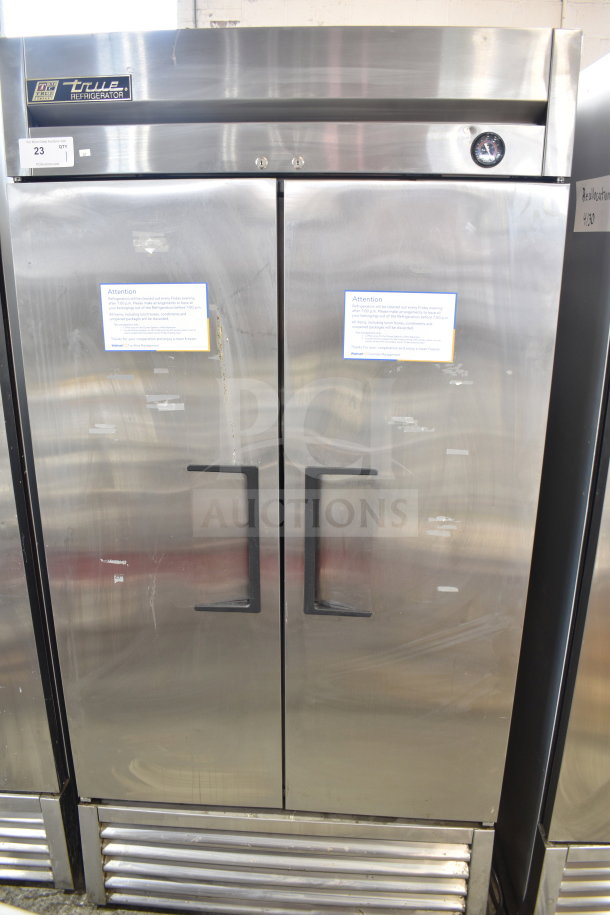 True T-35-HC commercial 2-door reach-in cooler, stainless steel, 115V, 1 phase, dual-panel doors, used condition.