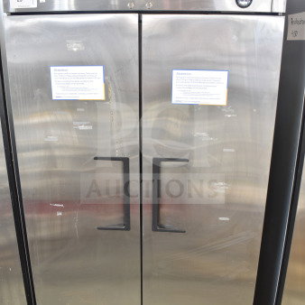 True T-35-HC commercial 2-door reach-in cooler, stainless steel, 115V, 1 phase, dual-panel doors, used condition.