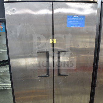 2018 True T-35-HC Commercial 2 Door Reach-In Cooler, stainless steel, 115 volts, 1 phase, visible scuffs.