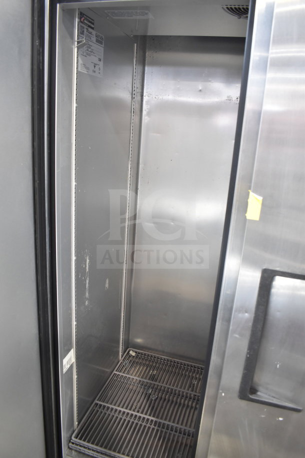 2018 True T-35-HC commercial 2-door reach-in cooler, 115 volts, 1 phase, interior view, showing racks and labels.