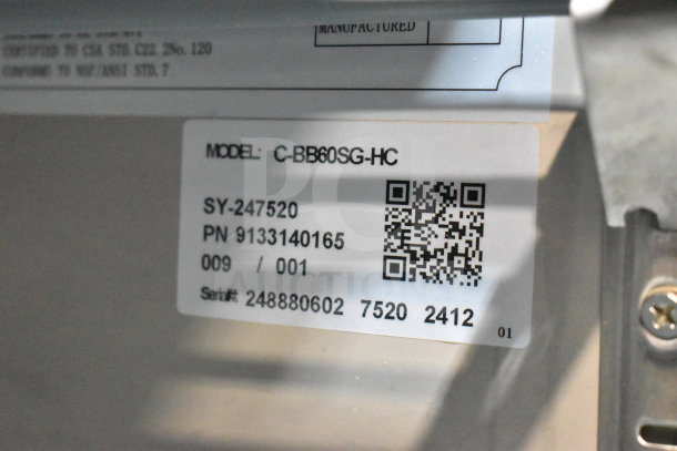 Migali C-BB60SG-HC commercial cooler label showing model, serial number, and QR code for identification.