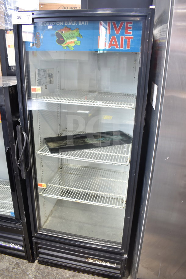 True GDM-12 Commercial Single Door Cooler, black frame, glass door, multiple wire shelves, 115V, 1 phase, good condition.