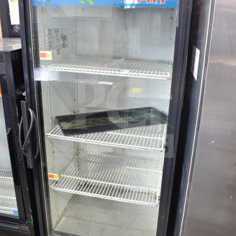 True GDM-12 Commercial Single Door Cooler, black frame, glass door, multiple wire shelves, 115V, 1 phase, good condition.