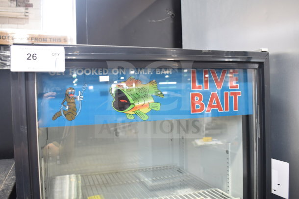 True GDM-12 single door cooler merchandiser, commercial use, 115V, 1 phase, "Live Bait" signage, good condition.