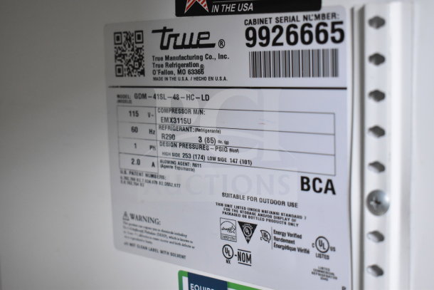 2020 True GDM-41SL-48-HC-LD commercial cooler label showing model, voltage, refrigerant type, and safety certifications.