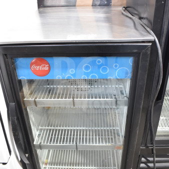 2019 True GDM-06-34-HC Mini Cooler Merchandiser, single door, Coke branding, glass front, commercial use, 115V, 1 phase.