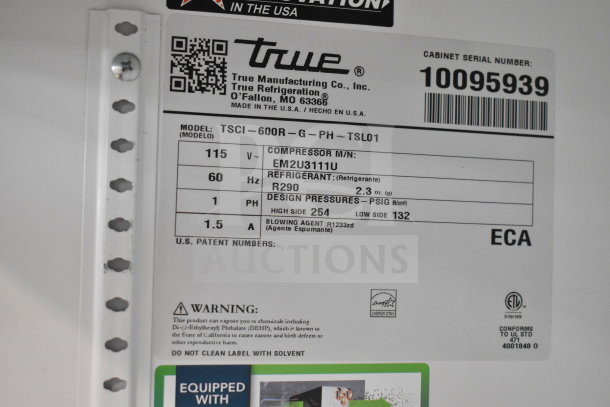 Label of 2021 True TSCI-600R-G-PH commercial cooler, 115V, 1 phase, R290 refrigerant, Energy Star certified. Serial 10095939.