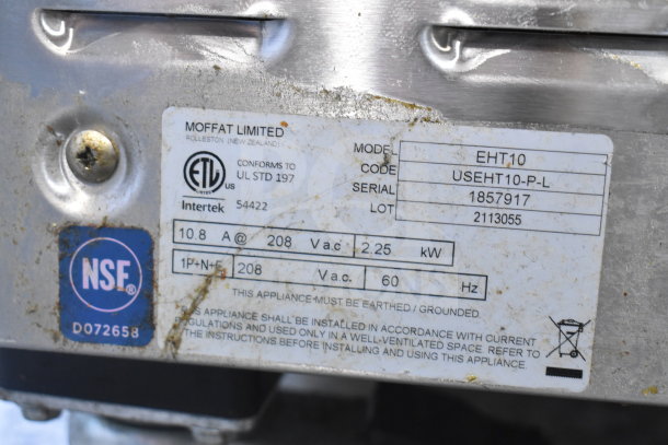 Moffat Turbofan EHT10 tag showing model, serial number 1857917, 208V, 2.25kW, with ETL and NSF certifications.