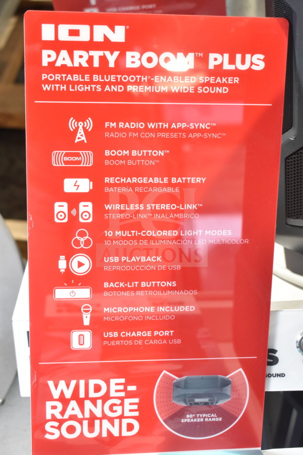 Ion Party Boom Plus portable Bluetooth speaker display with FM radio, rechargeable battery, stereo-link, LED lights, and microphone.