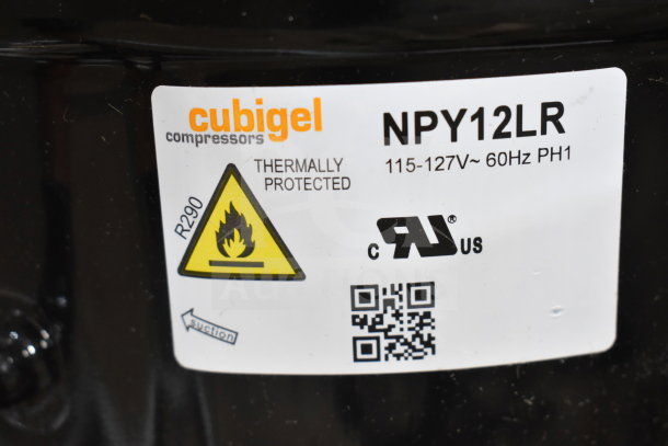 Cubigel NPY12LR Motor label showing voltage 115-127V, 1 phase, thermally protected, R290 warning, and certification marks.