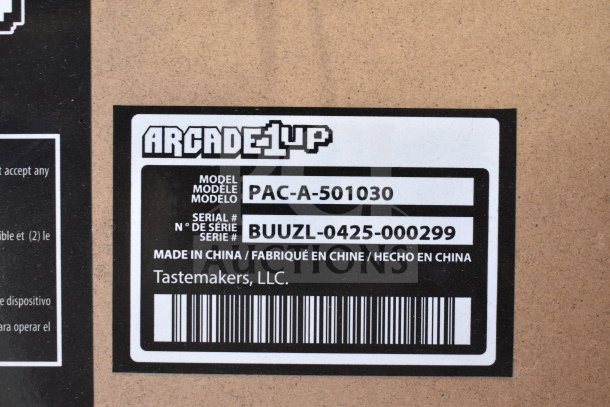 Arcade 1UP Pac Man machine model PAC-A-501030, serial BUUZL-0425-000299, made in China, by Tastemakers, LLC.