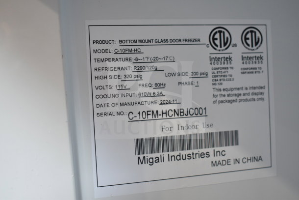 BRAND NEW 2024 Migali C-10FM-HC Commercial Reach-In Freezer, 115V, 1 Phase, ETL certified, model and serial information displayed.