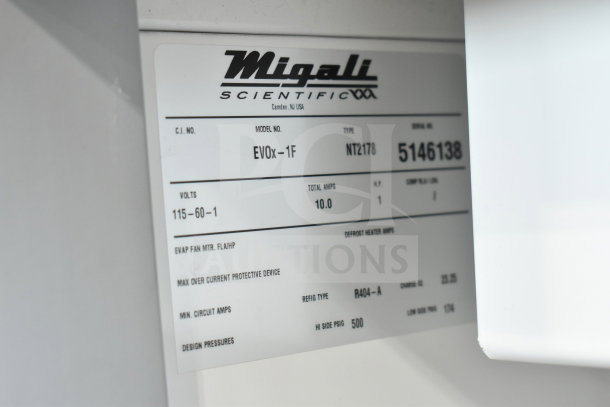 Migali EVOx-1F commercial freezer label, 115V, 1 phase, model EVOx-1F, serial NT2178, R404-A refrigerant.