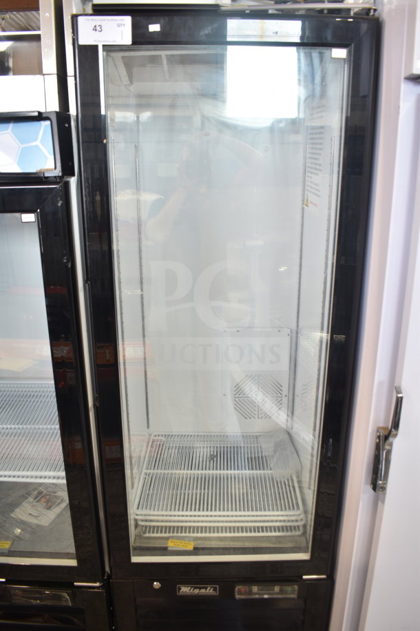 Brand new 2018 Migali C-12RM-HC single door reach-in cooler merchandiser on casters, 115V, 1 phase, in pristine condition.