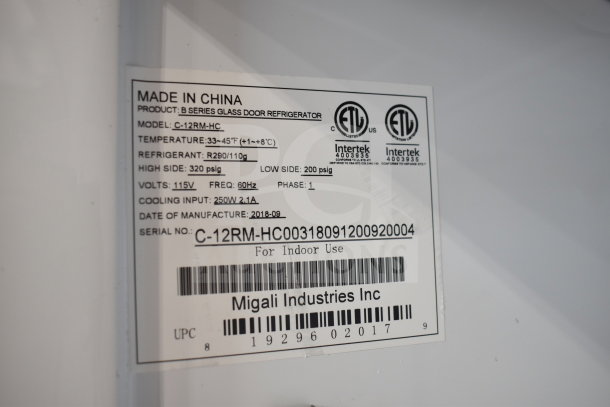 Migali C-12RM-HC cooler label, 115V, 1 phase, made in 2018, temperature range 33-45°F, R290 refrigerant, ETL listed.