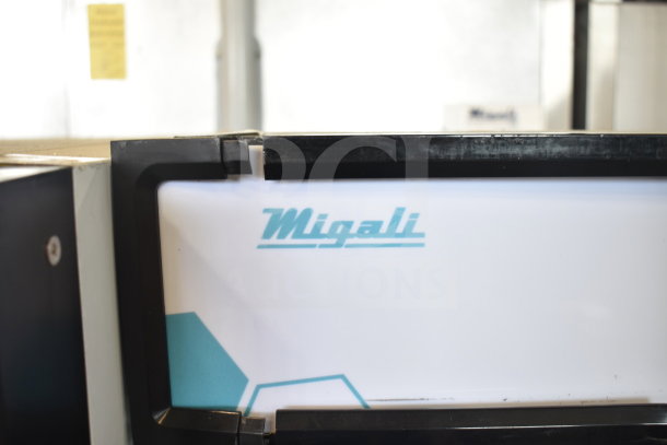 Migali C-10RM-HC cooler, single door, commercial casters, 2023 model, 115V, scratch and dent condition, logo visible.