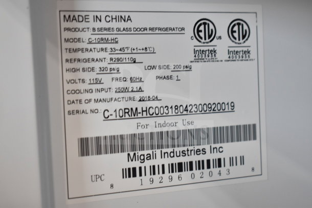 Migali C-10RM-HC cooler label; details model, refrigerant, voltage, frequency, and serial number. Made in China.