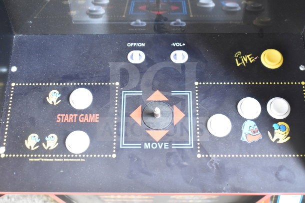 Arcade1up Pac Man Arcade Game PAC-A-301320 control panel, featuring joystick, buttons, and decorative graphics.