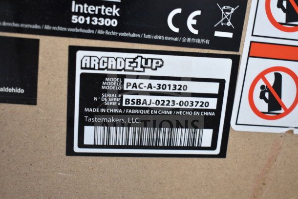Arcade1up PAC-A-301320 Pac Man Arcade Game, labeled, model, and serial number visible, made in China.