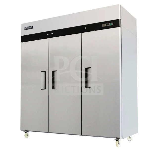 Migali C-3R-HC 3-door commercial cooler, brand new with minor scratches and dents, on casters, 115V, 1 phase.