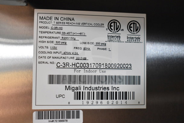 Migali C-3R-HC 3 Door Cooler label. Specs include 115V, 1 Phase, R290 refrigerant, manufactured 2017, for indoor use.