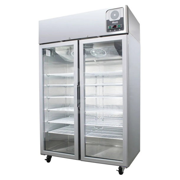 Brand new Migali G-2RG-A commercial 2-door reach-in cooler, scratch and dent, on casters, 115V, 1 phase.