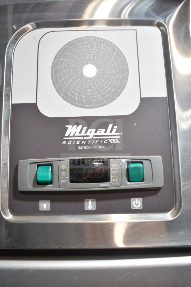 Migali G-2RG-A cooler control panel displaying temperature, with brand logo and buttons visible on stainless steel surface.