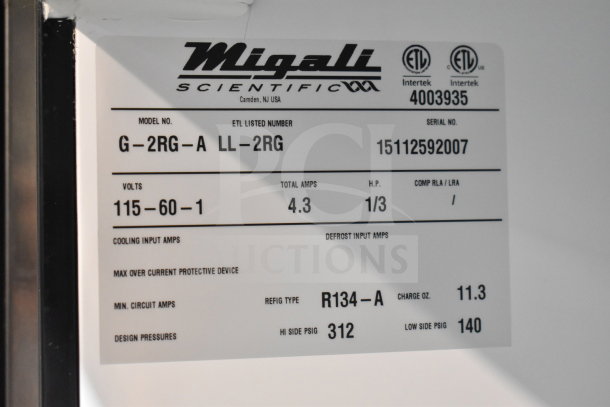 Migali G-2RG-A commercial cooler label, 115V, 4.3 amps, ETL listed, R134-A refrigerant. Model and serial numbers shown.