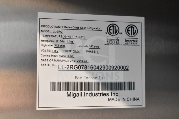 Migali LL-2RG commercial cooler label, showing model details, voltage, refrigerant info, and serial number. Made in China.