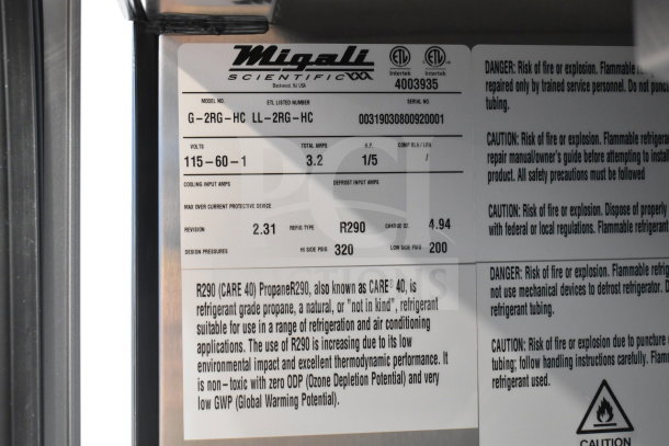 Migali G-2RG-HC commercial cooler label, 115V, 1 phase, serial 0031903080092001, propane R290 refrigerant, safety warnings.