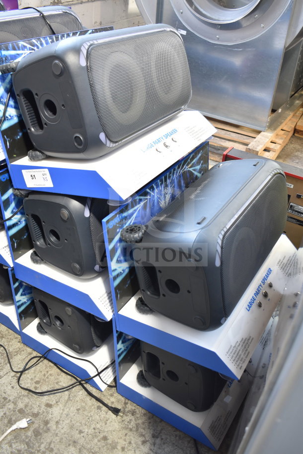 5 Onn Large Party Speakers in store display boxes, new condition, labeled "Large Party Speaker", model 51, auction item 5X bid.