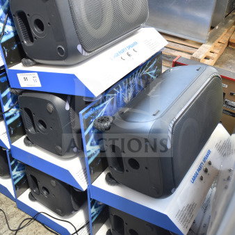 5 Onn Large Party Speakers in store display boxes, new condition, labeled "Large Party Speaker", model 51, auction item 5X bid.