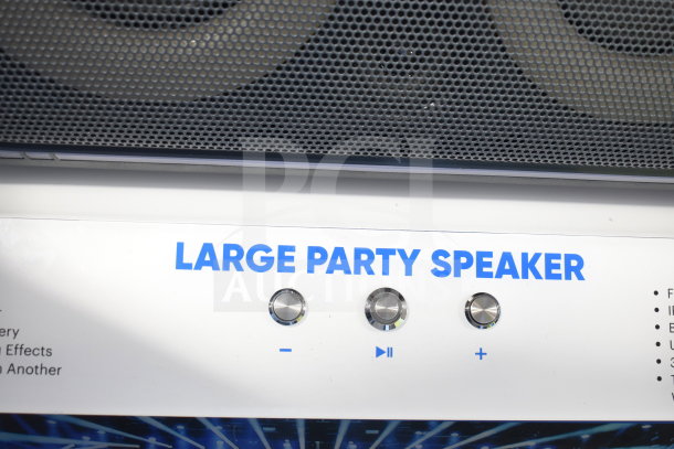 Onn Large Party Speaker, new condition, with control knobs for volume and playback, part of 5-store display auction.