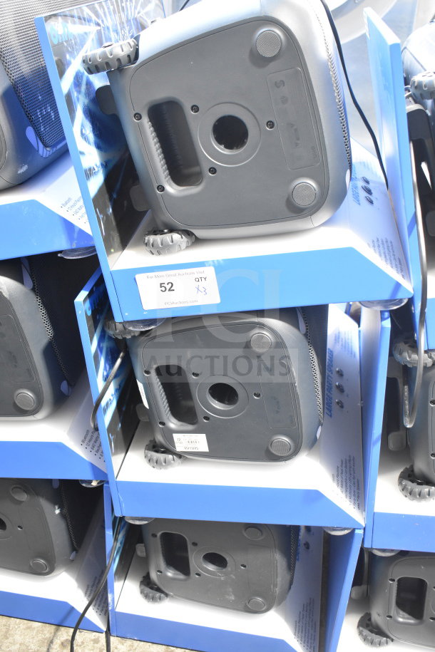 3 Store Display with Onn Large Party Speakers, new condition. Includes three speakers, boxed with promotional packaging.
